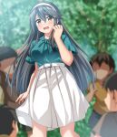 1girl 4boys absurdres age_difference black_hair blurry blurry_background brown_eyes commentary_request commission depth_of_field dress green_shirt hair_ornament hairband hairclip haruna_(kancolle) highres kantai_collection long_hair multiple_boys official_alternate_costume pleated_dress shirt skirt standing upper_body white_hairband white_skirt zanntetu 