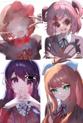  4girls blood blood_on_face bow censored censored_identity closed_mouth doki_doki_literature_club doki_doki_literature_club_school_uniform double_v hair_bow hair_ornament highres long_hair looking_at_viewer monika_(doki_doki_literature_club) multiple_girls natsuki_(doki_doki_literature_club) open_mouth orange_hair own_hands_together pink_hair ponytail purple_hair sayori_(doki_doki_literature_club) school_uniform short_hair sidelocks smile two_side_up v very_long_hair white_bow x_hair_ornament yame_pi yuri_(doki_doki_literature_club) 
