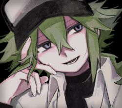  1boy arm_up baseball_cap black_background black_shirt blue_eyes collared_shirt commentary double-parted_bangs english_commentary green_hair hair_between_eyes hand_on_own_face hat head_rest highres long_hair looking_to_the_side lower_teeth_only madai_(si_202) male_focus n_(pokemon) open_collar open_mouth pokemon pokemon_black_and_white shirt sideways_glance simple_background solo teeth two-tone_hat upper_body white_shirt 