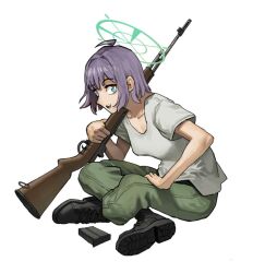  1girl battle_rifle black_boots blue_archive blush boots breasts chickenapple33 green_halo green_pants gun halo holding large_breasts long_sleeves looking_at_viewer m14 open_mouth pants purple_hair rifle saki_(blue_archive) shirt short_hair short_sleeves solo t-shirt weapon white_shirt 