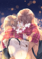  2girls absurdres bag black_bag blurry blush bokeh breath brown_coat brown_eyes brown_hair coat commentary_request depth_of_field earrings enpera eye_contact forehead-to-forehead from_side hair_ornament heads_together height_difference highres hug jewelry kagamiya_ruru long_hair long_sleeves looking_at_another multiple_girls night original outdoors parted_lips plaid_clothes plaid_scarf profile red_scarf scarf sky sleeves_past_wrists snowing star_(sky) starry_sky upper_body watermark white_coat winter_clothes x_hair_ornament yuri 