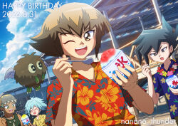  angel_wings black_eyes black_hair blue_hair brown_eyes brown_hair commentary_request duel_monster happy happy_birthday hat hawaiian_shirt manjoume_jun marufuji_sho nanano_thunder one_eye_closed shaved_head shirt spiky_hair tyranno_kenzan winged_kuriboh wings yu-gi-oh! yu-gi-oh!_gx yuki_judai 