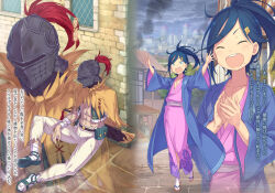  2boys :d abs aldebaran_(re:zero) armor bandages belt blue_eyes blue_hair cape cecilus_segmunt cloak closed_eyes collarbone commentary_request hair_ornament hairclip haori helmet highres japanese_clothes kimono multiple_boys multiple_views novel_illustration official_art ootsuka_shin'ichirou open_clothes open_mouth outdoors pants pink_kimono plume ponytail re:zero_kara_hajimeru_isekai_seikatsu sandals second-party_source sitting smile sweatdrop tabi teeth torn_cape torn_clothes yukata 