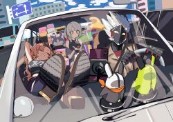  +_+ 1boy :3 absurdres amillion_(zenless_zone_zero) anby_demara arms_behind_head bangboo_(zenless_zone_zero) billy_kid black_ribbon breasts burger cellphone crop_top cutoffs dondobi driving earrings eous_(zenless_zone_zero) feet_on_dashboard food grey_hair hair_ornament hairclip headphones heart heart_earrings highres holding holding_burger holding_food humanoid_robot jacket jewelry motor_vehicle multiple_girls nekomiya_mana nicole_demara orange_eyes phone pink_hair ribbon robot short_hair slit_pupils smartphone spiky_hair van white_hair zenless_zone_zero 