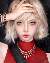  1girl arm_up blonde_hair blue_eyes bracelet closed_mouth commentary earrings english_commentary eyelashes hand_on_own_head highres jewelry light_particles lips lipstick looking_at_viewer makeup multiple_bracelets necklace nose original portrait razaras realistic red_lips red_shirt seatbelt shirt short_hair signature sleeveless sleeveless_shirt solo turtleneck turtleneck_shirt 