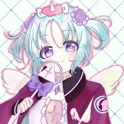 1girl aqua_hair blush bow bowtie closed_mouth commentary gem hair_ornament highres holding holding_wand jacket looking_at_viewer magical_girl mahou_shoujo_ikusei_keikaku mahou_shoujo_ikusei_keikaku_f2p malu_661 purple_bow purple_bowtie purple_gem smile stella_lulu untranslatable_commentary violet_eyes wand wings 