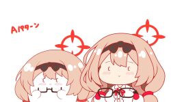  1girl 3_3 :> black-framed_eyewear black_hairband blue_archive breasts brown_hair center_frills chibi chinatsu_(blue_archive) closed_mouth collared_shirt dress_shirt frills glasses gloves hairband halo holding holding_removed_eyewear kurukurumagical large_breasts long_hair low_twintails neck_ribbon red_gloves red_ribbon ribbon semi-rimless_eyewear shirt simple_background smile translation_request twintails under-rim_eyewear unworn_eyewear upper_body very_long_hair white_background white_shirt 