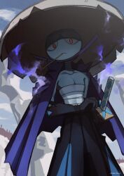  anies_only artist_name black_gloves bushi_(palworld) commentary_request furry gloves hat highres katana looking_at_viewer mouth_hold outdoors pal_(creature) palworld pants red_eyes sarashi solo sword weapon 