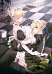  ahoge apron artoria_pendragon_(all) blonde_hair breasts dark_persona dual_persona fate/grand_order fate/stay_night fate_(series) frills frown green_eyes hair_ribbon heart maid maid_headdress multiple_girls renian_(pixiv760140) ribbon saber saber_alter smile tray wrist_cuffs yellow_eyes 