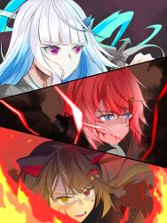  3girls ange_katrina animal_ears blood blood_from_mouth blood_on_face blue_eyes blue_hair blunt_bangs brown_hair cheek_injury clenched_teeth colored_inner_hair commentary_request crossed_bangs determined dog_ears dog_girl electricity fang fire flower garagradon1532 gradient_eyes hair_between_eyes hair_flower hair_ornament hairclip hand_up heterochromia highres holding holding_sword holding_weapon inui_toko lize_helesta long_hair looking_ahead medium_hair multicolored_eyes multicolored_hair multiple_girls nijisanji official_alternate_costume open_mouth orange_eyes page_of_lambda red_eyes red_hair sanbaka_(nijisanji) sidelocks sweatdrop sword teeth triangle_hair_ornament two-tone_hair v-shaped_eyebrows violet_eyes virtual_youtuber weapon white_hair white_mouth 