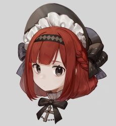 1girl black_eyes black_hairband black_hat black_ribbon bone_necklace braid commentary_request cropped_head cross cross_necklace frilled_hat frills grey_background hairband hat jewelry looking_at_viewer medium_hair miyayoki neck_ribbon necklace original red_hair ribbon solo swept_bangs