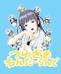  6+girls @_@ ^_^ absurdres aijo_karen animal_costume animal_hood arms_up black_eyes black_hair blonde_hair blue_background blue_hair blue_shirt blunt_bangs blush_stickers broom brown_hair chibi closed_eyes commentary_request cropped_torso crown_hair_ornament daiba_nana falling floating flying_sweatdrops glasses hair_ornament hanayagi_kaoruko hand_on_own_cheek hand_on_own_face hands_up hat highres holding holding_broom hood hood_up hoshimi_junna isurugi_futaba jitome kagura_hikari light_blush long_hair looking_at_viewer lying mini_person mini_person_on_head minigirl multiple_girls on_head on_stomach open_mouth outline penguin_costume penguin_hood person_on_head pi_(pipipipi523) pink_hair puckered_lips purple_hair saijo_claudine sailor_collar sailor_hat shirt short_sleeves short_twintails shoujo_kageki_revue_starlight simple_background smile sparkle_hair_ornament tendo_maya towel towel_around_neck translation_request tsuyuzaki_mahiru twintails two_side_up upper_body wavy_mouth white_hat white_outline white_sailor_collar x_hair_ornament 
