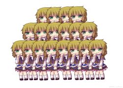  1girl biting biting_own_finger biting_own_thumb black_dress black_shoes blonde_hair blush brown_shirt clone commentary_request dress full_body green_eyes medium_hair mizuhashi_parsee one-hour_drawing_challenge recurring_image scarf shirt shoes short_sleeves socks touhou unime_seaflower white_background white_scarf white_socks 