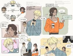  1girl 3boys absurdres alien_stage aqua_eyes bilingual_text black_camisole blonde_hair camisole cellphone chair chinese_commentary chinese_text colored_eyelashes commentary_request dark-skinned_male dark_skin dewey_(alien_stage) earrings english_text glasses grey_shirt hair_bun highres holding holding_phone hoop_earrings hyuna_(alien_stage) isaac_(alien_stage) jewelry luka_(alien_stage) mask mixed-language_text mouth_mask multiple_boys on_chair orange_sweater phone plaid_clothes plaid_shirt relationship_graph scar scar_on_face seppuku009 shirt short_hair sitting smartphone sweater table very_short_hair white_shirt yellow_eyes 