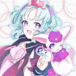  1girl aqua_hair blush commentary_request hair_ornament highres jacket looking_at_viewer magical_girl mahou_shoujo_ikusei_keikaku mahou_shoujo_ikusei_keikaku_f2p malu_661 mees_(mahoiku) open_mouth short_hair smile sparkle stella_lulu violet_eyes 