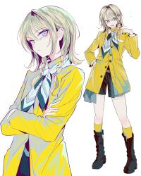  1other ? absurdres androgynous black_boots black_neckerchief black_shorts blonde_hair boots braid buttons closed_mouth coat commentary crossed_arms danganronpa_(series) danganronpa_2:_goodbye_despair danganronpa_2x2 english_commentary grey_eyes grey_neckerchief hair_between_eyes hair_intakes hand_on_own_hip highres leaked_student_(danganronpa_2x2) llie_137 long_sleeves multicolored_neckerchief multiple_views neckerchief open_mouth partially_unbuttoned shorts simple_background socks twin_braids white_background white_neckerchief yellow_coat yellow_socks 