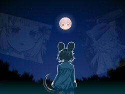  1girl alternate_costume animal_ears character_request flandzen from_behind full_moon grey_hair highres long_sleeves looking_at_sky moon mouse_ears mouse_girl mouse_tail nazrin night one_eye_closed photo_inset sky sleepwear solo star_(sky) starry_sky tail touhou virtual_youtuber 