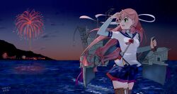  1girl absurdres akashi_(kancolle) blue_sailor_collar blue_skirt blunt_tresses boots commentary_request cowboy_shot dusk fireworks green_eyes hair_ribbon hamukiyo headband highres kantai_collection layered_sleeves long_hair long_sleeves looking_back mountain pink_hair pleated_skirt ribbon rigging sailor_collar sailor_shirt school_uniform serafuku shirt short_over_long_sleeves short_sleeves skirt solo thigh_boots tress_ribbon water 