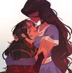  2girls avatar:_the_last_airbender avatar_legends azula black_choker black_hair blue_dress choker commentary crying dark-skinned_female dark_skin dlovesespresso dress english_commentary highres katara long_hair multiple_girls tears very_long_hair 