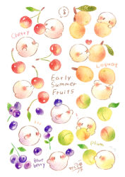  absurdres blueberry blush check_commentary cherry colored_pencil colored_pencil_(medium) commentary_request english_commentary food food_focus fruit ghost highres holding holding_food holding_fruit loquat musical_note original painting_(medium) pencil plum spoken_musical_note summer traditional_media watercolor_(medium) white_background yukichi_0611 
