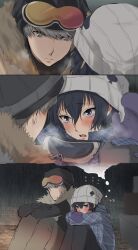  1boy 1girl black_coat blue_coat blue_eyes blue_hair blush coat cold eye_contact face-to-face fur-trimmed_coat fur_trim grey_eyes grey_hair highres kasukasugom1 looking_at_another narukami_yu persona persona_4 shirogane_naoto winter winter_clothes winter_coat 