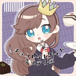  1girl :o black_dress blue_eyes blush border bow bowtie brown_hair chocolate chocolate_night_mystery_(synthesizer_v) collared_dress commentary_request contrast_collar crown curled_ends deformed dress drop_shadow floating floating_object fork gingham_background gold_crown grey_border hairband hands_up head_tilt highres holding holding_fork holding_plate long_hair long_sleeves looking_at_viewer najo official_art open_mouth outside_border parted_bangs plate pointed_crown purple_background purple_hairband raised_eyebrows red_bow red_bowtie solo song_name turning_head unmoving_pattern 