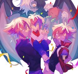  angel_wings black_shirt brown_eyes brown_hair card closed_eyes collared_jacket commentary confetti demon_girl demon_wings dual_persona duel_academy_uniform_(yu-gi-oh!_gx) duel_monster highres holding holding_card jacket pointing red_jacket red_shirt shirt third_eye untranslatable_commentary white_jacket winged_kuriboh wings yomosue1115 yu-gi-oh! yu-gi-oh!_gx yubel yuki_judai 