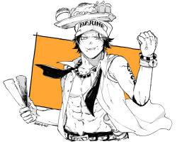  1boy abs arm_tattoo belt bracelet commentary_request dated eating food freckles greyscale_with_colored_background hat jewelry log_pose male_focus marine_uniform_(one_piece) necklace one_piece orange_background pearl_necklace portgas_d._ace shirt short_hair sleeveless sleeveless_shirt solo tattoo wakao_(wakaogm) 