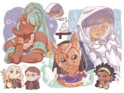  3girls 4boys an_hanb answerer_(weapon) aqua_hair armor bare_arms bare_shoulders bead_necklace beads bird black_armor black_hair blonde_hair breasts cat_mask commentary dark-skinned_female dark_skin diego_(fire_emblem) dietrich_(fire_emblem) english_commentary eshmel_(pale_raven)_(fire_emblem) esmeralda_(fire_emblem) fabio_(fire_emblem) feathered_cape female_eshmel_(fire_emblem) fire_emblem fire_emblem:_fortune's_weave green_hair high_ponytail highres holding hood jewelry long_hair looking_at_viewer male_eshmel_(fire_emblem) mask medium_breasts multiple_boys multiple_girls necklace orchel_(fire_emblem) ponytail short_hair short_sleeves smile very_long_hair weapon white_hair yellow_eyes 