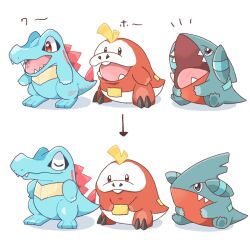  arrow_(symbol) closed_eyes closed_mouth commentary_request fuecoco full_body gible kana_(maple926) no_humans notice_lines open_mouth pokemon pokemon_(creature) pokemon_focus simple_background sitting standing teeth totodile twitter_username white_background 