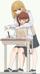  2girls @_@ absurdres black_skirt black_socks blush brown_eyes brown_hair brown_sweater_vest commentary_request desk grey_background highres holding holding_pen hug hug_from_behind kopaka_(karda_nui) long_hair multiple_girls notebook open_mouth original pen pleated_skirt school_desk shirt shoes simple_background skirt socks sweatdrop sweater_vest white_shirt white_shoes writing yuri 