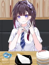  +_+ 1girl :t alternate_costume black_hair blue_eyes blue_necktie blush chopsticks closed_mouth collared_shirt commentary_request diagonal-striped_clothes diagonal-striped_necktie eating food food_on_face hair_ornament hands_up highres hitsuki_(ruon) holding holding_chopsticks honkai:_star_rail honkai_(series) hysilens_(honkai:_star_rail) indoors long_hair necktie plate red_hair shirt short_sleeves signature solo striped_clothes striped_necktie twitter_username white_shirt 