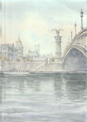  absurdres arch arch_bridge boat bridge city clouds column commentary_request day european_architecture flag highres lamppost no_humans original outdoors painting_(medium) pale_colors paruperu pillar reflection reflective_liquid river scenery simple_bird sky spire statue tower traditional_media urban watercolor_(medium) watercraft wharf 
