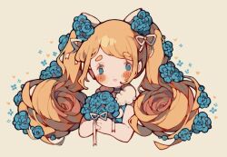  1girl animal_ears blonde_hair blue_choker blue_eyes blue_flower blue_rose blush_stickers bouquet bow choker curled_ends fake_animal_ears flower fur_collar fur_trim hair_bow hair_flower hair_ornament hair_ribbon heart heart_pendant holding holding_bouquet littlebluemuffin long_hair open_mouth original ribbon rose sleeveless thick_eyebrows twintails upper_body white_background white_bow white_ribbon 