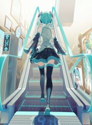  1girl aqua_hair aqua_nails black_sleeves black_thighhighs boots commentary detached_sleeves escalator from_behind grey_shirt hatsune_miku highres long_hair miniskirt mirror number_tattoo pentagon_(railgun_ky1206) picture_frame pleated_skirt portrait_(object) shirt skirt sleeveless sleeveless_shirt tattoo thigh-highs thigh_boots twintails very_long_hair vocaloid walking 