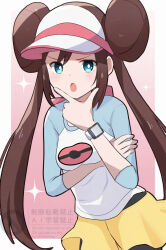  1girl aoneko4ao_(edwf7745) blue_eyes brown_hair commentary_request cowboy_shot double_bun finger_to_own_chin hair_bun hat light_blush long_hair looking_at_viewer multicolored_shirt open_mouth outside_border pokemon pokemon_black_2_and_white_2 rosa_(pokemon) shirt skirt solo watch white_hat yellow_skirt 