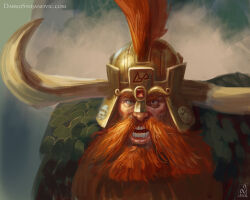  1boy 2022 angry armor beard darkos_art dated facial_hair fake_horns gem green_eyes helmet horned_helmet horns long_beard mustache open_mouth plume red_gem red_hair solo ungrim_ironfist upper_body very_long_beard warhammer_fantasy 