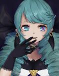  1girl bangs bikobita black_bow black_choker black_gloves bow breasts choker drill_hair earrings gloves green_eyes green_hair gwen_(league_of_legends) hair_bow hand_up highres jewelry league_of_legends looking_at_viewer medium_breasts open_mouth portrait shiny shiny_hair solo twin_drills twintails 
