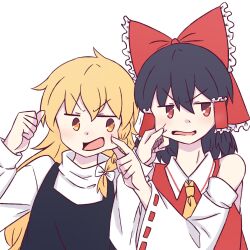  2girls ascot black_hair black_vest blonde_hair bow braid cheek_pinching commentary_request detached_sleeves frilled_bow frilled_hair_tubes frills fukodesu hair_bow hair_tubes hakurei_reimu highres kirisame_marisa long_hair missing_headwear multiple_girls mutual_cheek_pinching pinching red_bow red_eyes ribbon-trimmed_sleeves ribbon_trim side_braid single_braid touhou vest white_bow yellow_ascot yellow_eyes 