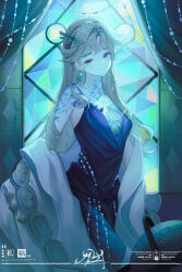  1girl absurdres beryl_bouanich blue_dress blue_eyes closed_mouth commentary crescent crescent_earrings crystal_earrings crystallization curtains dragonfly_hair_ornament dress earrings evening_gown floating_earrings grey_hair highres indoors jewelry long_hair looking_at_viewer mismatched_earrings reverse:1999 shawl sleeveless sleeveless_dress smile solo spaghetti_strap stained_glass upper_body watermark white_shawl window yyby 