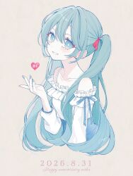 1girl akiyu aqua_eyes aqua_hair aqua_nails bare_shoulders ben-day_dots birthday blue_ribbon blue_trim collarbone commentary_request dated double-parted_bangs earrings eyelashes fingernails frilled_shirt frills grey_background hair_between_eyes hair_ribbon hand_up hatsune_miku heart highres jewelry looking_at_viewer off-shoulder_shirt off_shoulder red_ribbon ribbon screentones shirt signature simple_background smile solo spaghetti_strap teeth twintails upper_body vocaloid white_shirt 