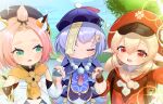  3girls :d absurdres ahoge animal_ear_fluff animal_ears backpack bag bangs bangs_pinned_back black_nails blonde_hair blue_dress blue_hair blue_headwear brown_gloves cabbie_hat cat_ears cat_girl cat_tail commentary_request cropped_jacket diona_(genshin_impact) dress eyebrows_visible_through_hair forehead genshin_impact gloves hair_between_eyes hair_ornament hat highres holding_hands interlocked_fingers jacket klee_(genshin_impact) long_hair long_sleeves low_twintails multiple_girls nail_polish ofuda pink_hair pointy_ears puffy_long_sleeves puffy_sleeves purple_jacket qing_guanmao qiqi_(genshin_impact) red_dress red_eyes red_headwear siera_(sieracitrus) sleeves_past_wrists smile tail thick_eyebrows twintails white_gloves white_jacket 