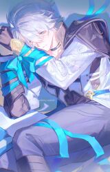  1boy absurdres antenna_hair artist_name black_boots black_choker black_pants black_shirt blue_bow blue_eyes boots bound bow choker closed_mouth coat collarbone collared_shirt commentary feet_out_of_frame hair_between_eyes hands_up high_collar highres honkai:_star_rail honkai_(series) large_bow long_sleeves looking_at_viewer lying male_focus neck_tattoo neglow on_side pants phainon_(honkai:_star_rail) shadow shirt short_hair simple_background solo sun_symbol sun_tattoo tattoo tied_up_(nonsexual) untranslatable_commentary watermark white_background white_coat white_hair yellow_pupils 