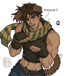  1boy absurdres animal_ears battle_tendency belt brown_hair commentary crop_top dear_daiya english_commentary green_eyes highres jojo_no_kimyou_na_bouken joseph_joestar joseph_joestar_(young) male_focus nail_polish navel_hair scarf solo striped_clothes striped_scarf tail 