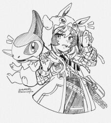  1girl animal_ears badge beanie button_badge claw_pose collared_shirt commentary_request diagonal-striped_clothes diagonal-striped_necktie ears_through_headwear greyscale hair_between_eyes hat horse_ears horse_girl jacket larvitar looking_at_viewer monochrome necktie official_alternate_costume open_clothes open_jacket open_mouth pokemon pokemon_(creature) saramiao-chan sharp_teeth shinko_windy_(gabugabu_scamp)_(umamusume) shinko_windy_(umamusume) shirt short_hair skirt smile striped_clothes striped_necktie teeth tusks umamusume 