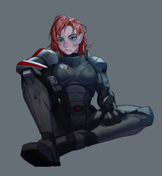  1girl absurdres armor broken_armor bruise bruise_on_face closed_mouth commander_shepard commander_shepard_(female) commentary freckles grey_background highres injury leafjuly mass_effect_(series) orange_hair scar scar_on_arm science_fiction simple_background sitting solo 