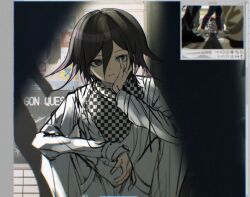  1boy against_wall arm_belt arm_on_knee art_program_in_frame art_program_request belt black_scarf buttons checkered_clothes checkered_scarf close-up commentary_request danganronpa_(series) danganronpa_v3:_killing_harmony double-breasted expressionless hair_between_eyes hand_on_own_cheek hand_on_own_face highres jacket korean_commentary layered_sleeves long_hair_between_eyes long_sleeves looking_at_viewer male_focus memeeo0o multiple_belts oma_kokichi pants people poster_(object) purple_hair scarf short_hair sleeves_past_wrists solo_focus straight-on thigh_belt thigh_strap tile_wall tiles two-tone_scarf unmoving_pattern violet_eyes white_belt white_jacket white_pants white_scarf wrist_belt 