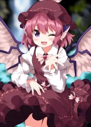  1girl :d ;d animal_ears bird_ears bird_wings blurry blush brown_dress brown_hat collared_shirt commentary_request completion_time depth_of_field dress hat highres long_sleeves looking_at_viewer mystia_lorelei one_eye_closed open_mouth pinafore_dress pink_hair ruu_(tksymkw) shirt sleeveless sleeveless_dress smile solo touhou violet_eyes white_shirt wings 