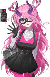  1girl :3 :d bag black_dress black_gloves black_mask breasts collared_shirt commentary cowboy_shot degrees_of_lewdity demon_horns domino_mask dress eye_mask eyes_visible_through_hair game_screenshot_inset gloves hair_over_one_eye hair_rings hand_up heart heart-shaped_hair highres horns long_hair looking_at_viewer mask medium_breasts one_eye_covered open_hand original pantyhose parted_bangs pinafore_dress pink_eyes pink_hair pink_pantyhose pink_sweater pink_sweater_vest player_character_(degrees_of_lewdity) player_character_(female)_(degrees_of_lewdity) purple_horns screenshot_inset shirt short_dress shoulder_bag simple_background sleeveless sleeveless_dress smile solo sweater sweater_vest very_long_hair white_background white_shirt wmkunkun 