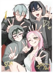  2boys 2girls :d :q ;d ;q alien_stage black_eyes black_hair black_jacket border character_name character_signature commentary double_w earrings english_commentary grey_hair grey_hoodie hairband headphones highres hood hood_up hoodie ivan_(alien_stage) jacket jacket_over_hoodie jewelry kuradrawings mizi_(alien_stage) multiple_boys multiple_girls official_alternate_costume one_eye_closed pink_hair red_pupils smile sphere_earrings sua_(alien_stage) till_(alien_stage) tongue tongue_out track_jacket violet_eyes w white_border white_hairband yellow_eyes 